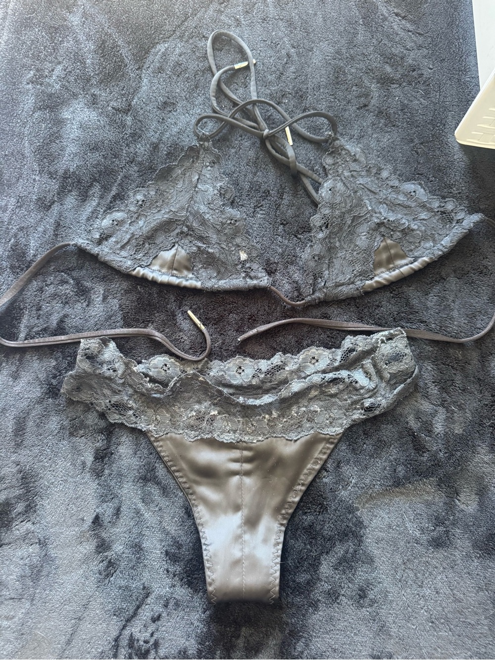 ekattire Charcoal Lace Satin Bralette & Thong Set